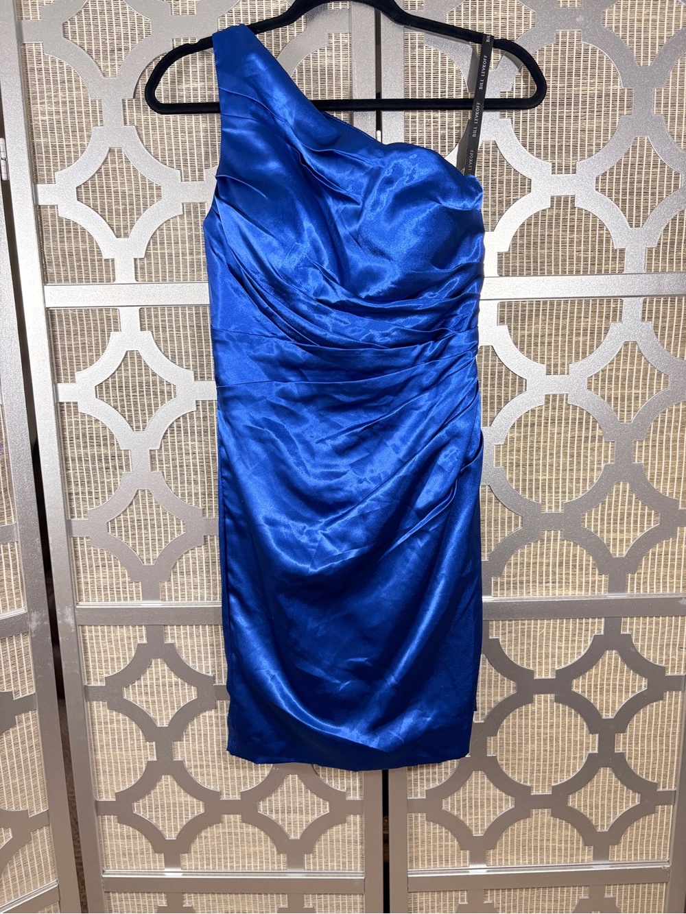 Bill Levkoff Royal Blue One-Shoulder Satin Cocktail Dress